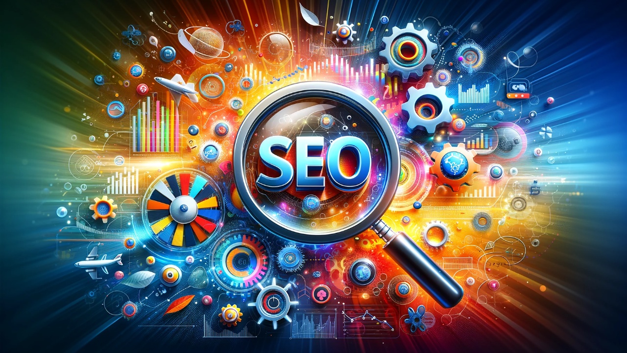 Opening image for SEO blog post, featuring a magnifying glass focusing on the word 'SEO' with surrounding icons like gears and graphs against a vibrant digital background, symbolizing the dynamic world of search engine optimization.