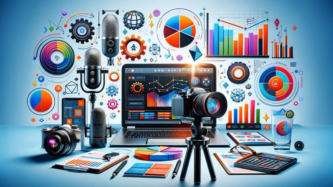Modern digital workspace equipped with content creation tools including a laptop displaying analytics, a video blogging camera setup, a podcasting microphone, and vibrant charts for data analysis, perfectly introducing a blog post on content marketing trends and strategies for 2024.
