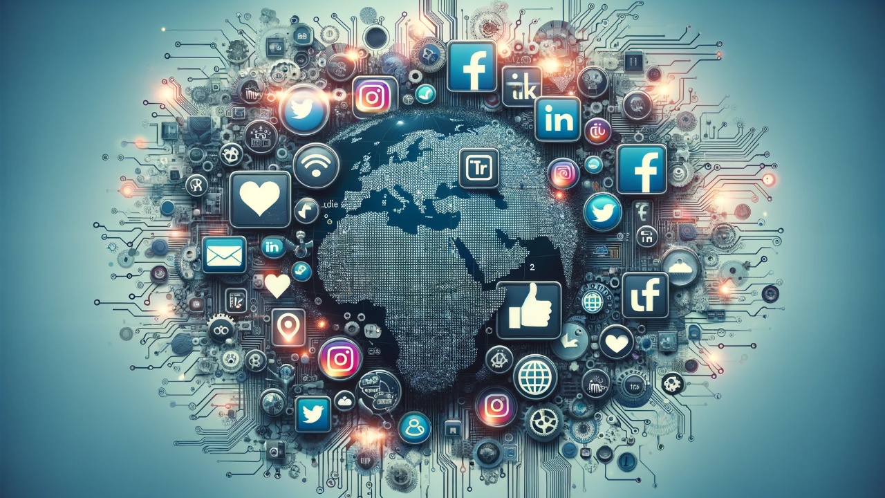 Engaging header graphic for a blog post, featuring a collage of social media icons like Facebook, Instagram, Twitter, LinkedIn, and TikTok, combined with interactive digital symbols and a global map background, highlighting the global influence and interactive nature of social media marketing.