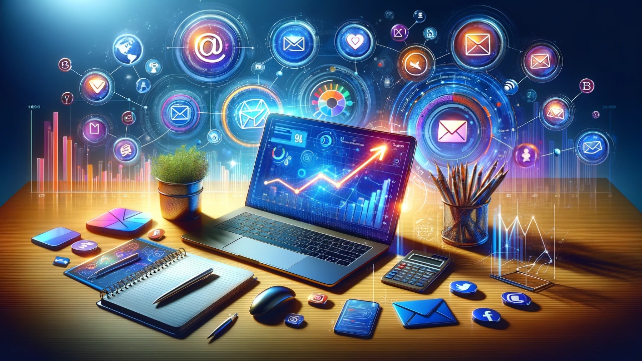 Dynamic and modern digital marketing workspace with an open laptop showing email marketing analytics, complemented by icons representing various digital marketing tools like graphs and social media, embodying a blend of technology and creativity in email marketing strategies.