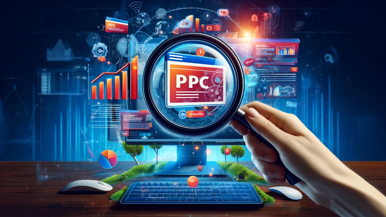 Dynamic digital marketing image featuring a magnifying glass focusing on a computer screen displaying PPC ads, surrounded by floating charts, graphs, and keywords related to PPC strategies, set against a tech-inspired background, symbolizing in-depth analysis and optimization in digital marketing.