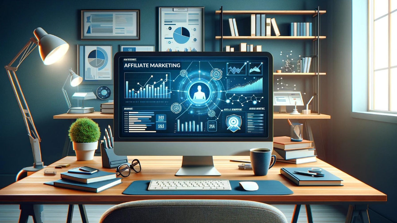 Digital marketer analyzing affiliate marketing analytics on a desktop, surrounded by marketing books and a coffee cup in a clean, organized workspace, representing a professional digital marketing environment.