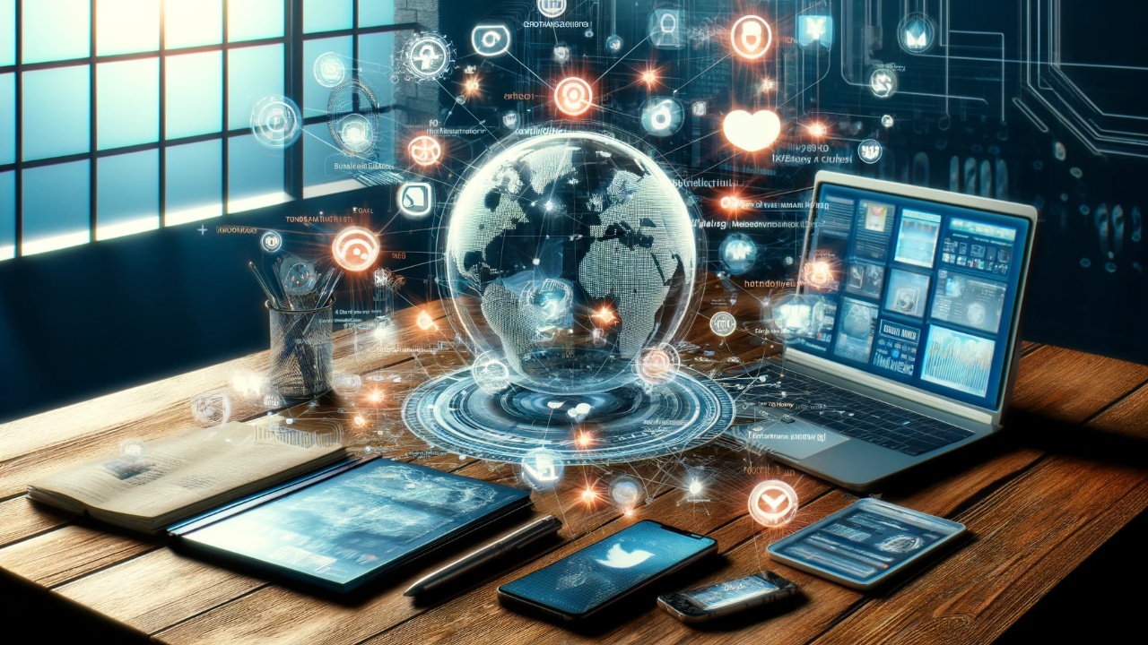 Modern digital workspace showcasing various social media interfaces on screens with a smartphone and laptop, illustrating a high-tech environment for influencer marketing strategies.