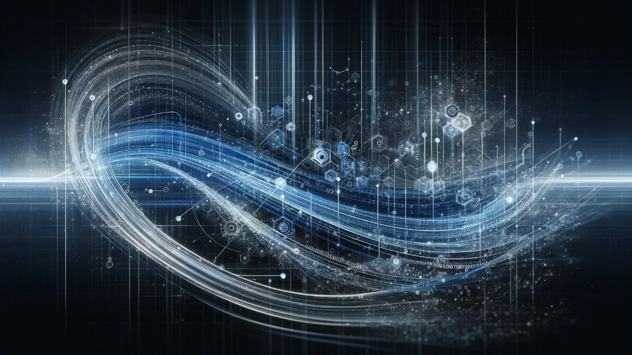 Abstract concept of digital data flow with binary code streams, interconnected nodes, and dynamic network lines in shades of blue and silver, representing advanced digital analytics and technology.