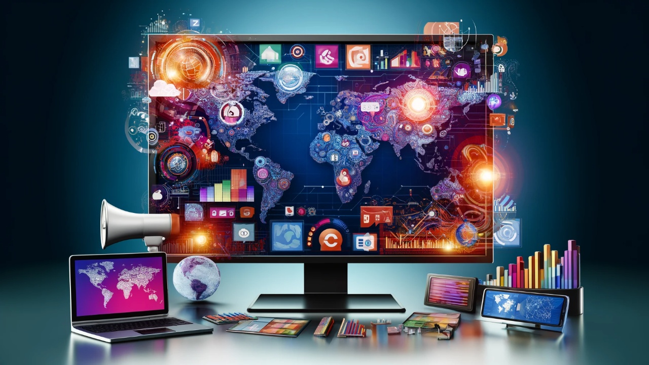 Modern digital banner featuring a global map, various digital devices displaying e-commerce websites, and marketing icons such as megaphones and graphs, set against a vibrant yet professional background. This image captures the global and interconnected nature of e-commerce marketing, tailored for business professionals.