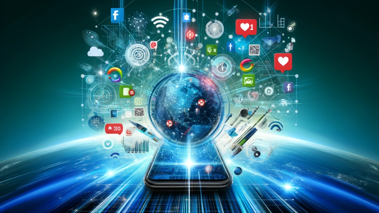 Modern digital collage showcasing a smartphone at the center, surrounded by elements of mobile marketing such as apps, social media notifications, and QR codes, all within a network-themed background in blues and greens, emphasizing innovation in mobile marketing for 2024.