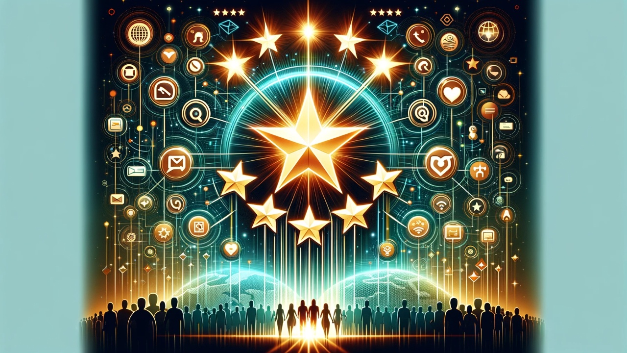 Vibrant digital network with glowing reviews highlighting the importance of Online Reputation Management in the digital age.