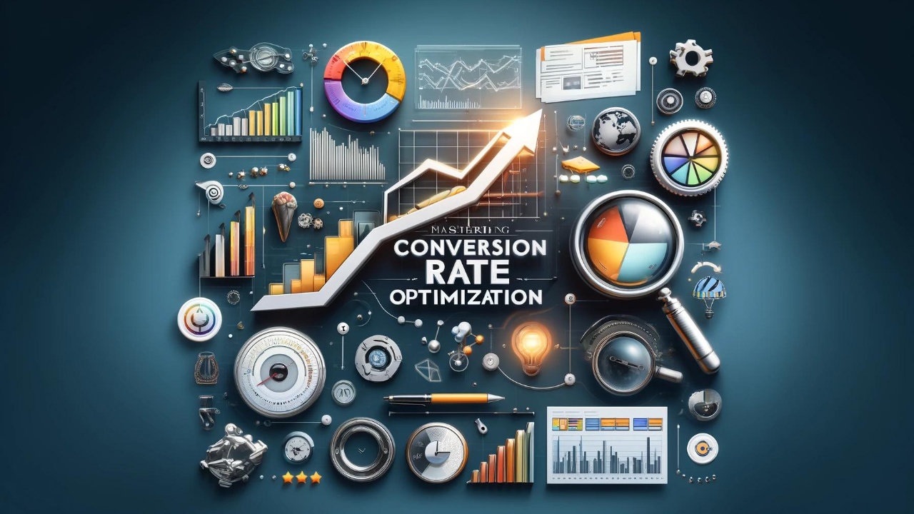 Modern and engaging opening image for a blog post featuring the title 'Mastering Conversion Rate Optimization' amidst a backdrop of digital marketing elements like upward trend graphs, analytical charts, and essential CRO tools, conveying a theme of growth and strategic success in digital marketing.
