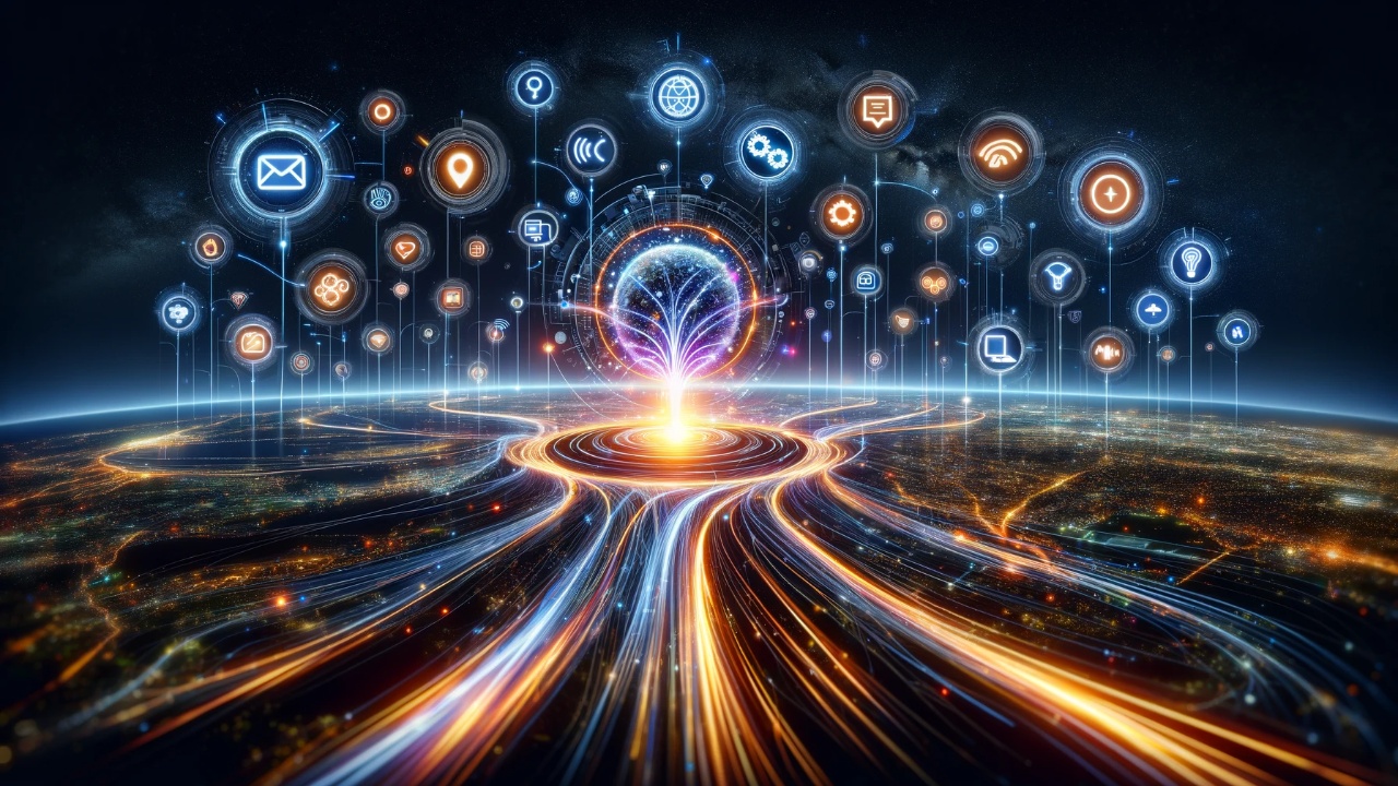 Vibrant digital marketing landscape at night, showcasing data streams flowing into a central glowing hub, surrounded by orbiting icons of email, social media, analytics, and AI, symbolizing the integrated and dynamic nature of marketing automation.