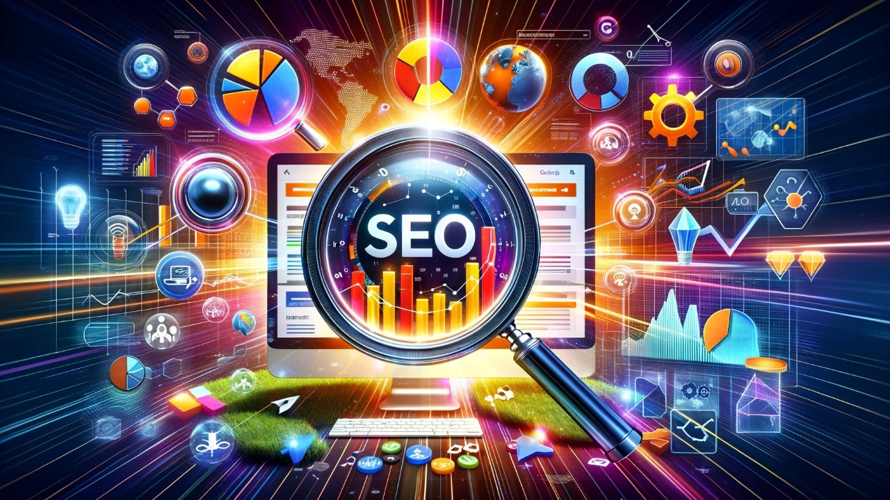 A modern digital collage showcasing a large magnifying glass focused on a screen with various SEO keywords, surrounded by dynamic graphs and icons of popular SEO tools like Google Keyword Planner, SEMrush, and Ahrefs, perfect for an introduction to a blog post about SEO.