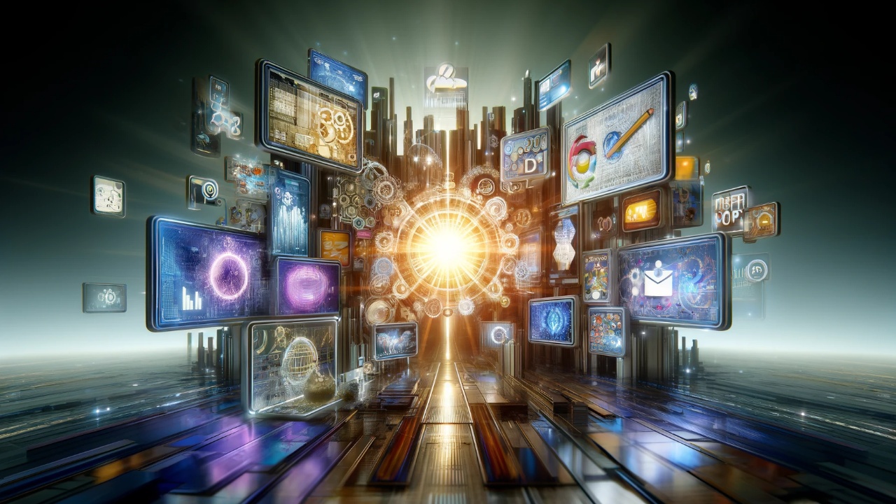 Dynamic display of futuristic online advertising strategies with digital screens showing interactive ads, video content, and mobile marketing, representing the technological advancement in digital marketing for 2024.