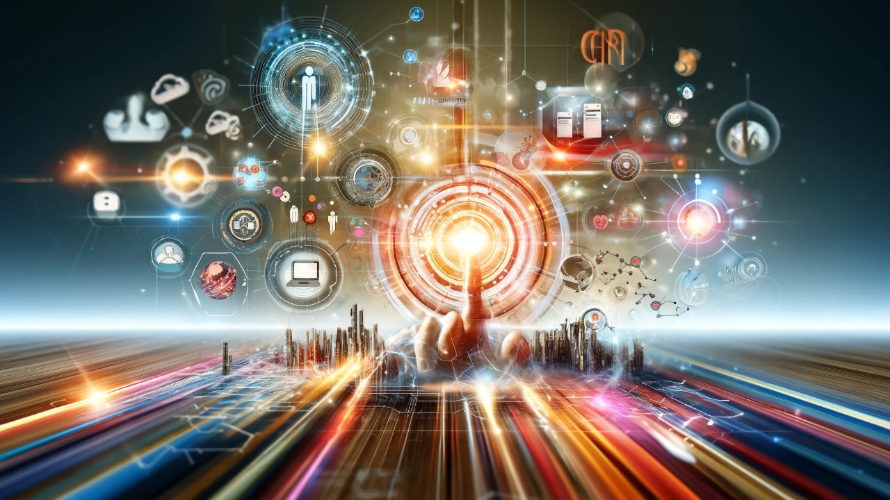Abstract visualization of CRM technology with digital interfaces and data flow, highlighting the connection between businesses and customers in a modern professional setting.