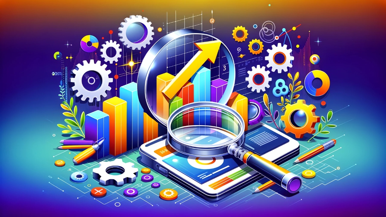 Engaging header illustration showing a magnifying glass over a digital website interface, surrounded by gears and a growth graph, emphasizing the impact of technical SEO for digital marketing success.