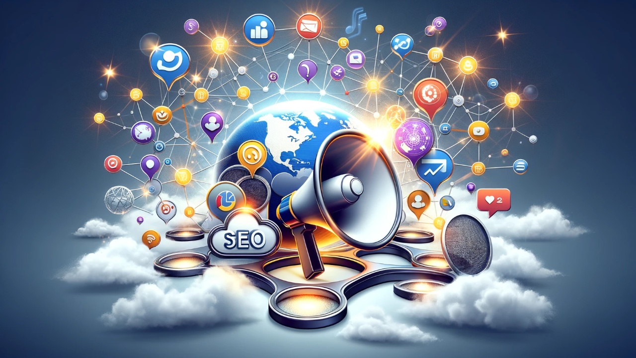 Engaging illustration showcasing key Off-Page SEO elements: interconnected nodes for backlinks, social media icons, a loudspeaker for brand mentions, and a digital globe highlighting global impact, set in a digital marketing context.