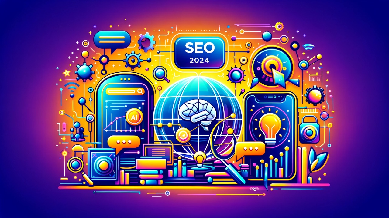 Futuristic design featuring a digital globe, AI brain icon, speech bubbles for voice search, and mobile devices, symbolizing the key SEO trends of 2024. The image conveys innovation and advanced SEO strategies with a vibrant color scheme.