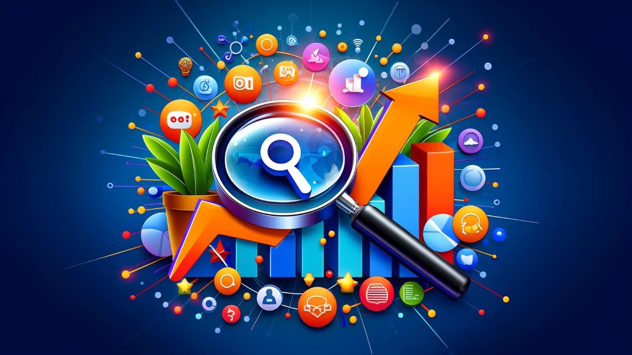 Visual representation of advanced SEO analytics featuring a magnifying glass analyzing a chart with SEO icons around, indicating growth and strategy in digital marketing.