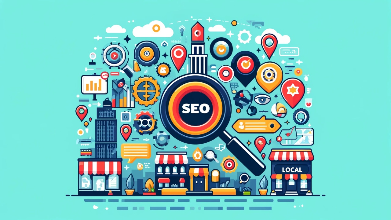 Infographic highlighting key Local SEO strategies, including digital marketing symbols, local business storefronts, and map pins, emphasizing the importance of Google My Business and local citations for small businesses.
