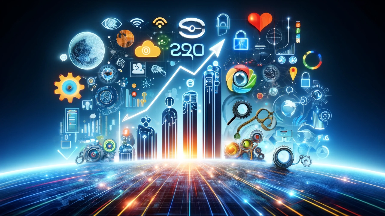 A vibrant header image visualizing the evolution of SEO with AI, mobile technology, and visual search symbols, underscored by lines of growth and digital progress.