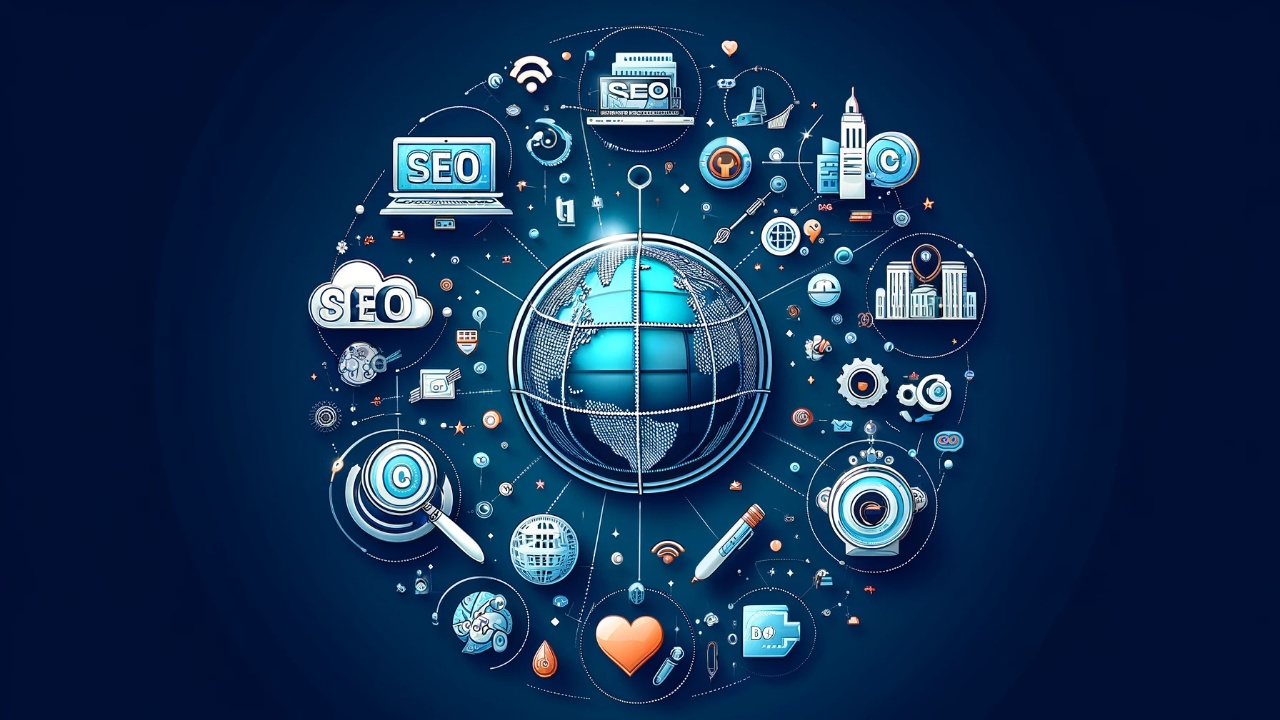 Digital globe with icons representing e-commerce, blogs, B2B, and non-profits, highlighting global SEO strategies with the text 'Mastering SEO Across All Platforms'.