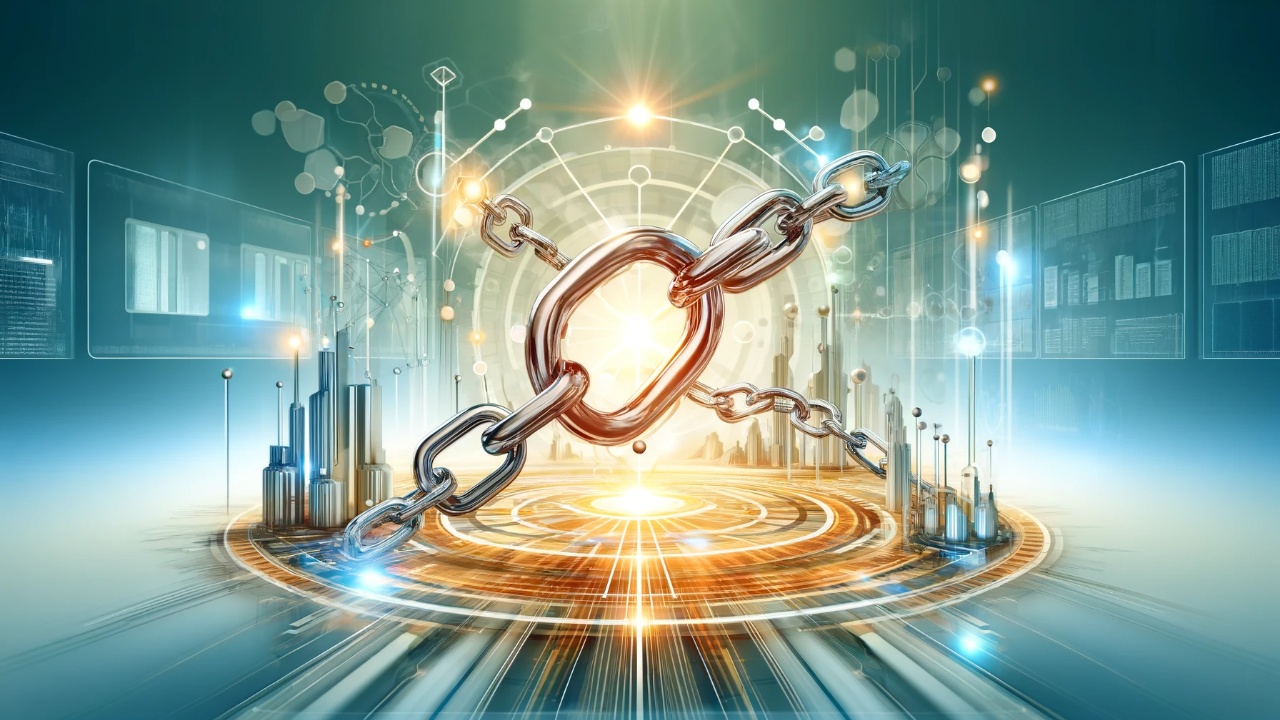 Digitally enhanced chains linked together against a backdrop of futuristic cityscape and network data, representing the interconnected nature of strategic SEO link building.