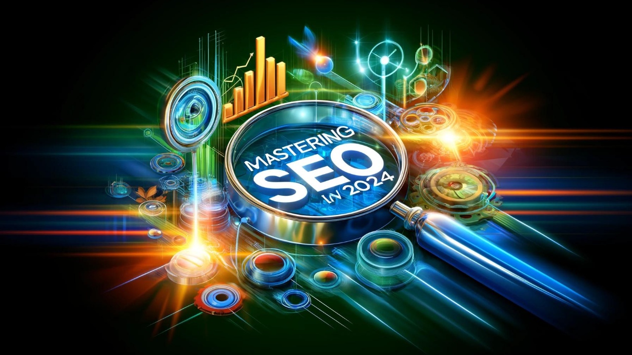 Eye-catching digital header for 'Mastering SEO in 2024' blog post, featuring futuristic technology themes with symbols like magnifying glasses, digital graphs, and web links in bright blue, green, and orange colors.
