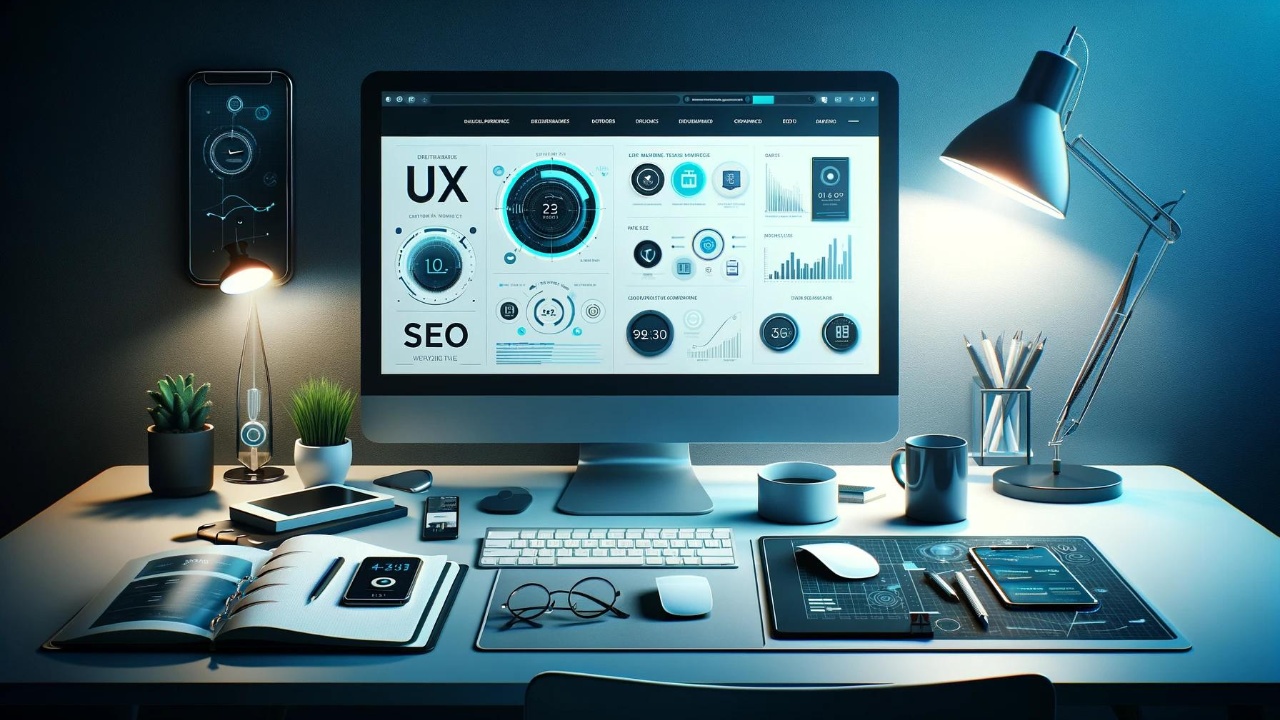 Contemporary digital marketing workspace featuring a sleek office desk with a computer screen displaying a graphically rich website interface, accompanied by a smartphone, stylish lamp, notepad with UX and SEO notes, and a modern coffee cup, set in a professional, tech-savvy atmosphere with a color palette of cool blues and crisp whites.