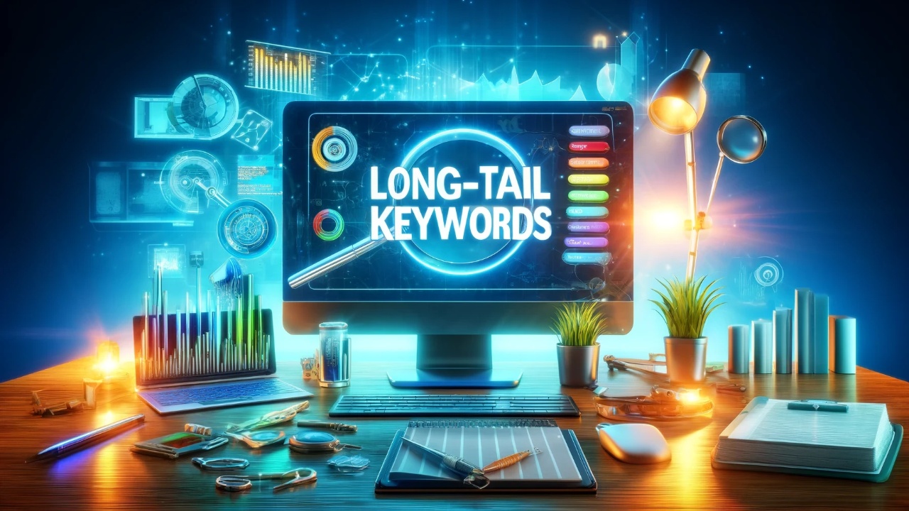 Dynamic digital artwork for a blog header, featuring 'long-tail keywords' on a computer screen, surrounded by SEO tools like magnifying glasses and charts in a modern workspace, highlighting themes of digital expertise and innovation.