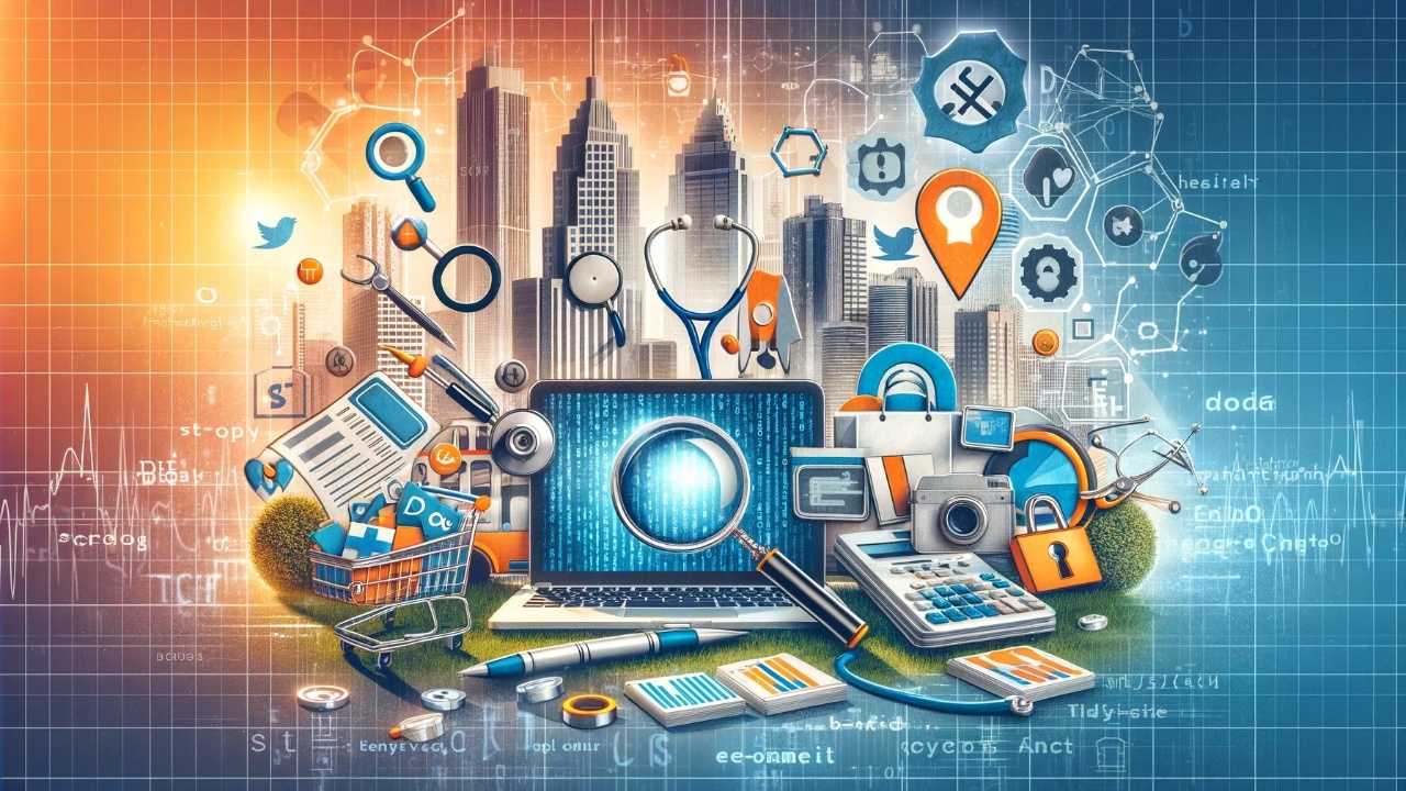 Vibrant digital collage representing keyword research in multiple industries, featuring a stethoscope for healthcare, a shopping cart for e-commerce, and a laptop with code for technology, set against an urban backdrop with SEO analytics elements.