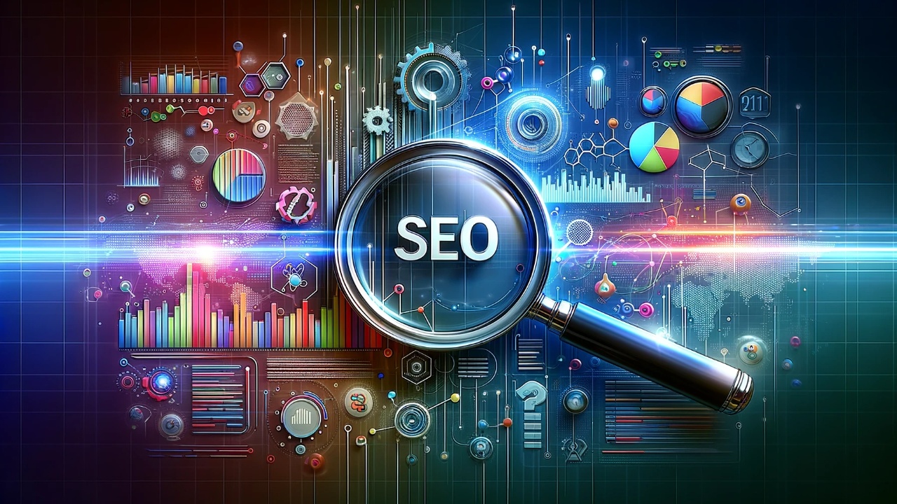 Modern digital banner for SEO blog, featuring a digital magnifying glass on keywords, colorful data analytics, and marketing icons, ideal for a post on competitor analysis and SEO strategies.