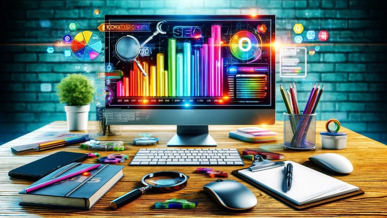 Modern and energetic digital marketing workspace featuring a computer screen with colorful keyword analysis graphs, surrounded by SEO tools, depicting a creative and strategic office environment.