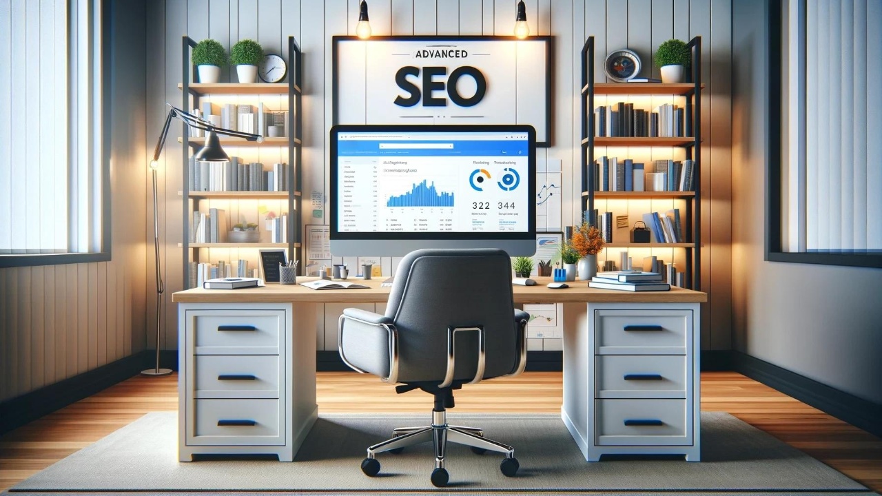 Professional digital marketing workspace with a computer screen displaying detailed SEO analytics and keyword performance graphs, surrounded by marketing books and notes.