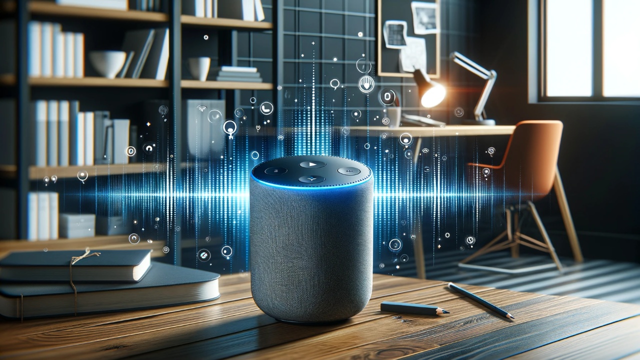 Modern home office featuring a smart speaker with visible sound waves illustrating voice commands, symbolizing the integration of voice search technology into daily SEO and digital marketing practices.