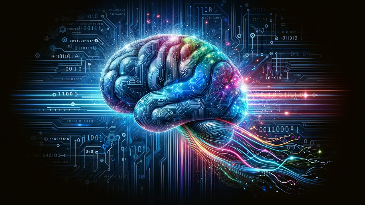 Enhanced digital portrayal of a brain within a high-tech landscape, with vibrant streams of data and SEO keywords dynamically flowing out, set against a backdrop of circuit patterns and binary code in electric blues and cyans, reflecting the fusion of technology and human cognition.