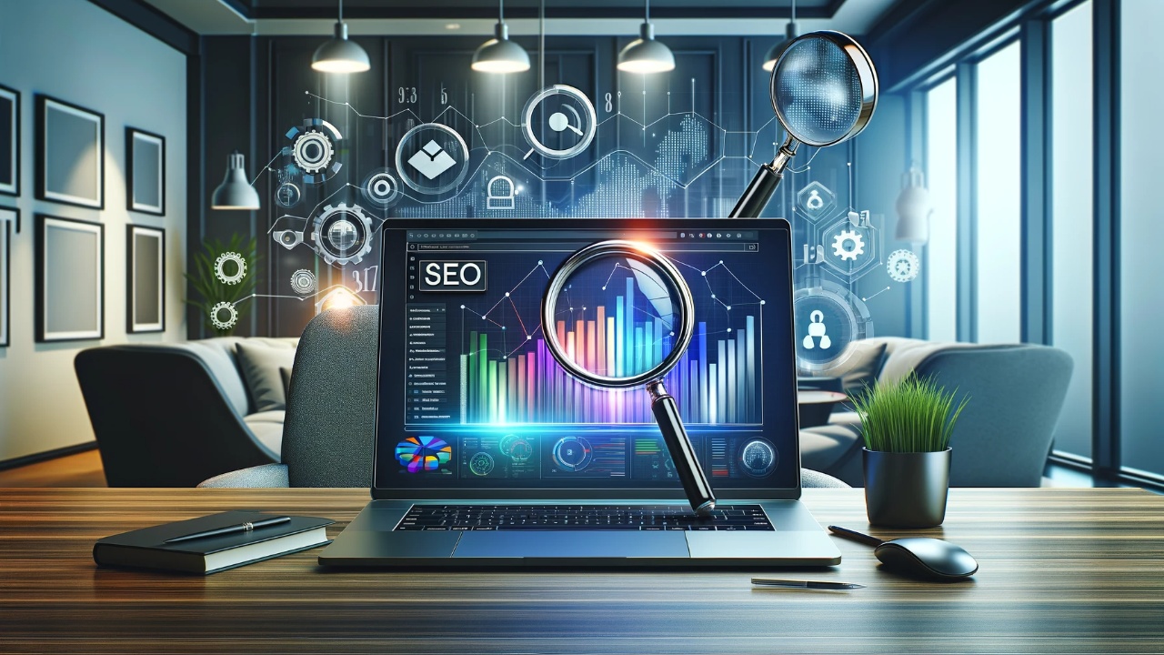 Stylish and modern office setting with a laptop screen showcasing colorful SEO analytics graphs, enhanced by digital marketing symbols, providing an engaging start to a blog post on SEO strategies.