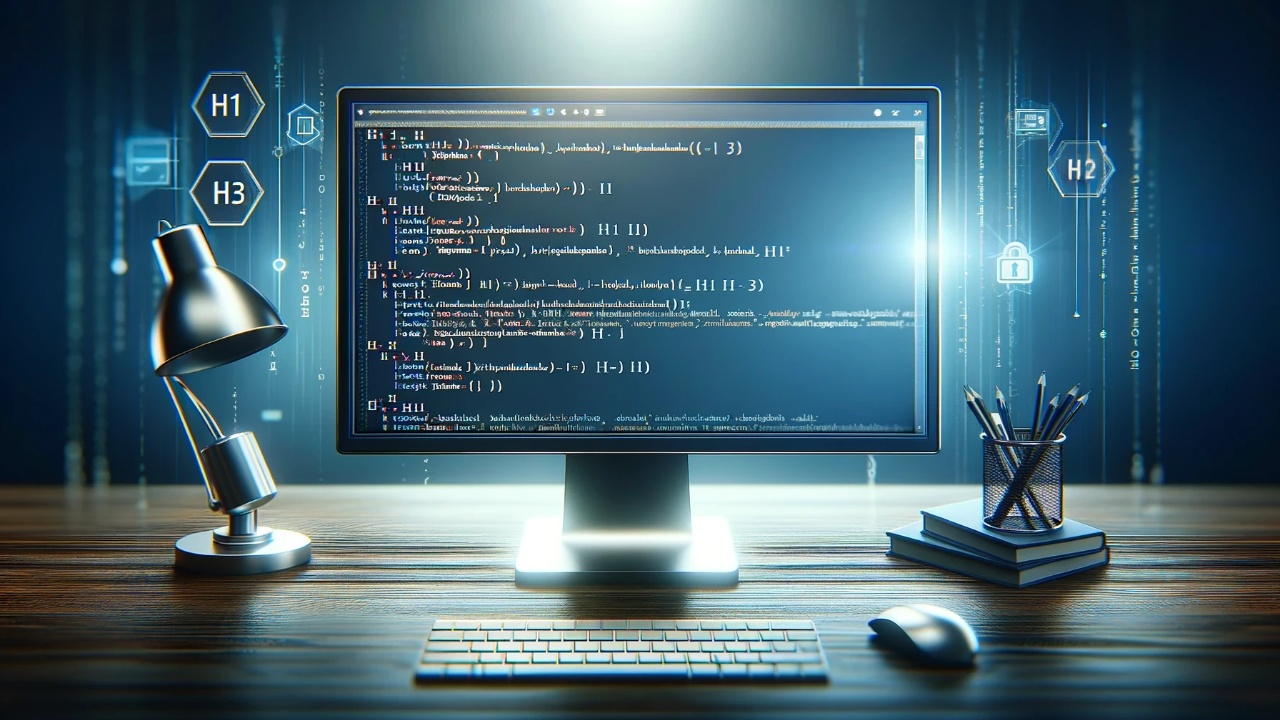 Modern computer monitor displaying HTML code with H1, H2, H3 tags, set against a professional backdrop with subtle digital marketing and SEO icons, emphasizing precision in SEO optimization.
