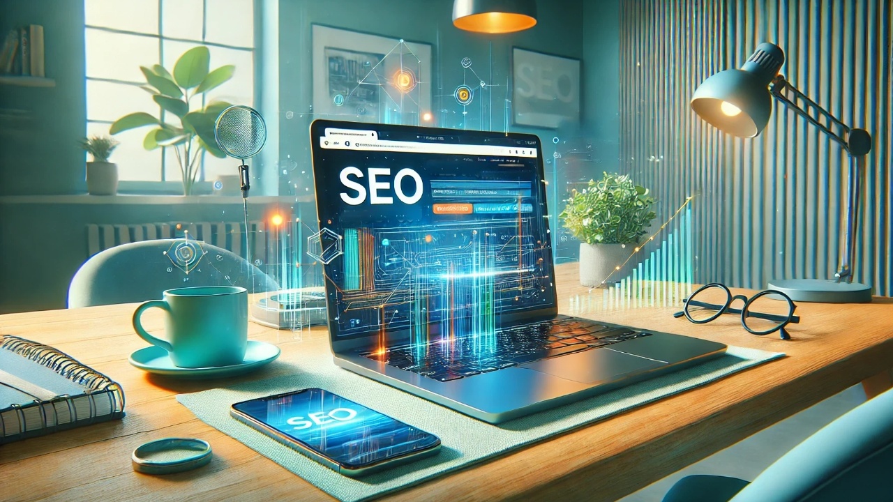 Visually appealing digital image of a stylish, modern workspace featuring an open laptop with a vibrant display of a well-structured URL, complemented by a sleek smartphone, contemporary art, and a cup of coffee, in a color scheme of soothing blues and vibrant greens, enhancing themes of digital efficiency and professionalism.