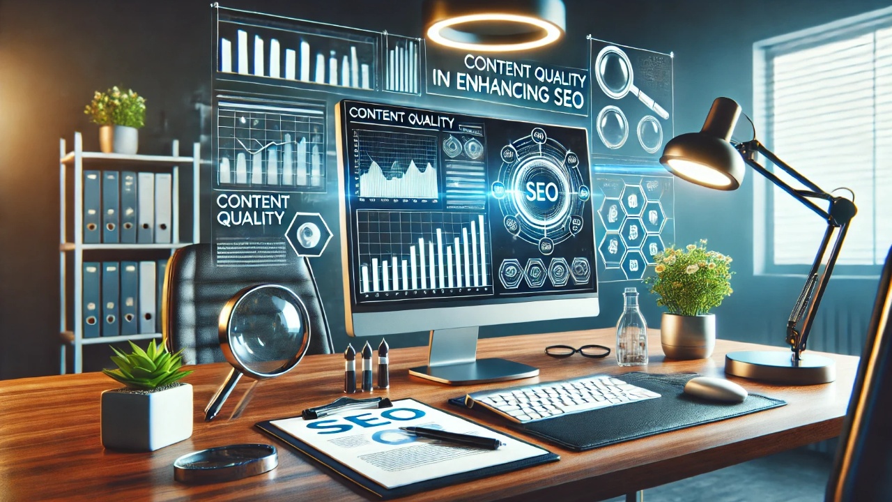 Sophisticated digital marketing office with a monitor displaying advanced SEO analytics, featuring a modern desk setup with strategic planning documents and cutting-edge gadgets, emphasizing a focus on content quality and SEO innovation.