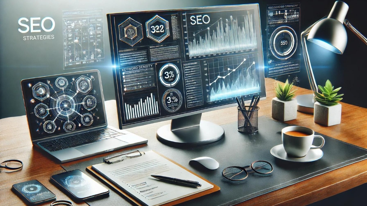 Sophisticated digital workspace with a large, ultra-modern monitor displaying detailed SEO analytics, complemented by a high-end laptop, notepad with SEO notes, digital pen, and a cup of coffee, set against a sleek, professional background.