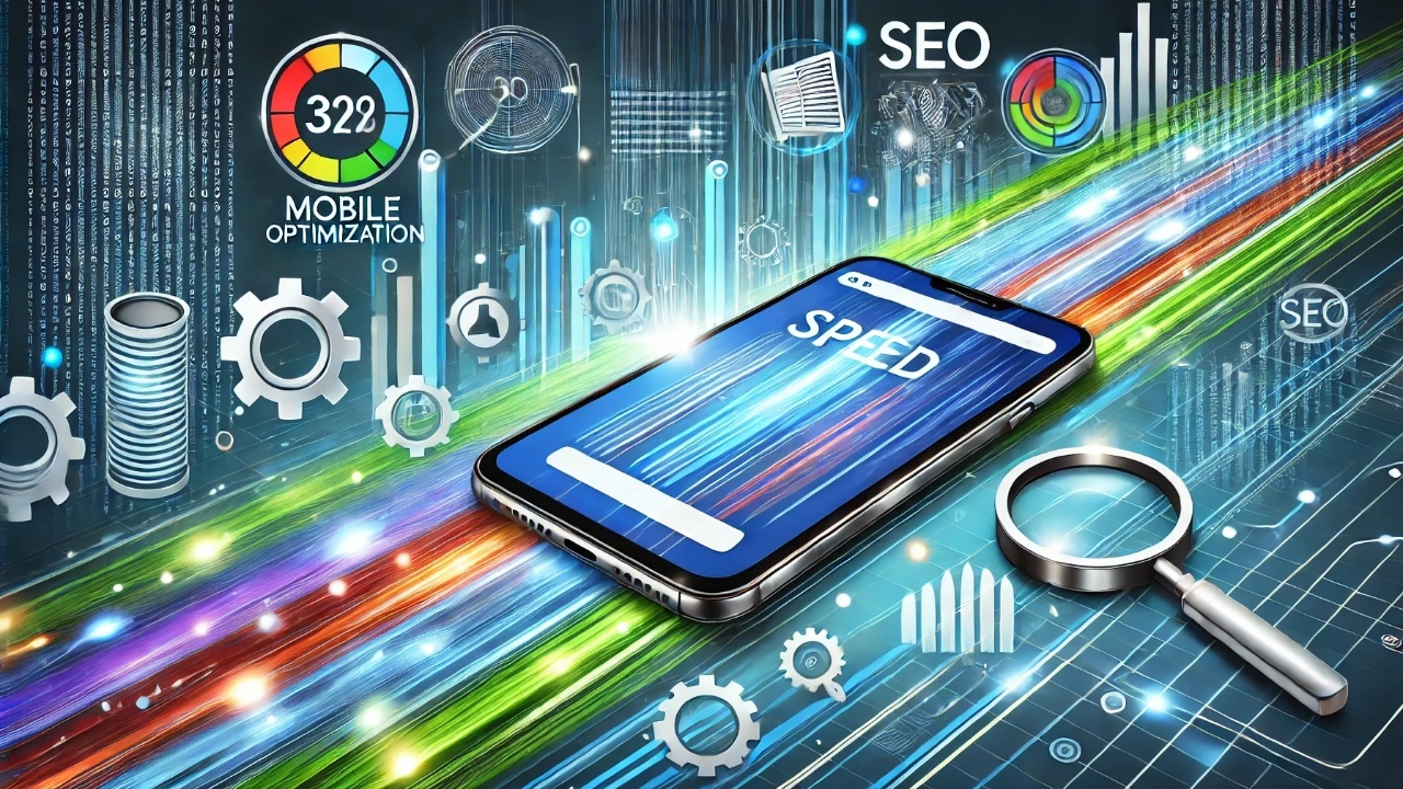 Sleek smartphone displaying a responsive website, surrounded by symbols of digital technology and SEO efficiency, set against a futuristic background of digital paths in shades of blue, green, and gray.