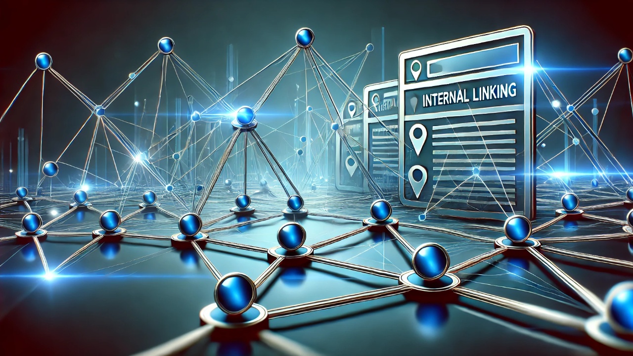Stylized graphic of interconnected web pages, illustrating the structure and flow of internal linking in an SEO-optimized website, highlighted in shades of blue.