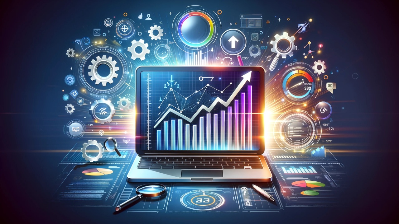 Refined digital illustration showing a laptop with a rising trend graph, surrounded by SEO-related icons such as gears, code brackets, and magnifying glasses, symbolizing advanced strategies for achieving higher search engine rankings.