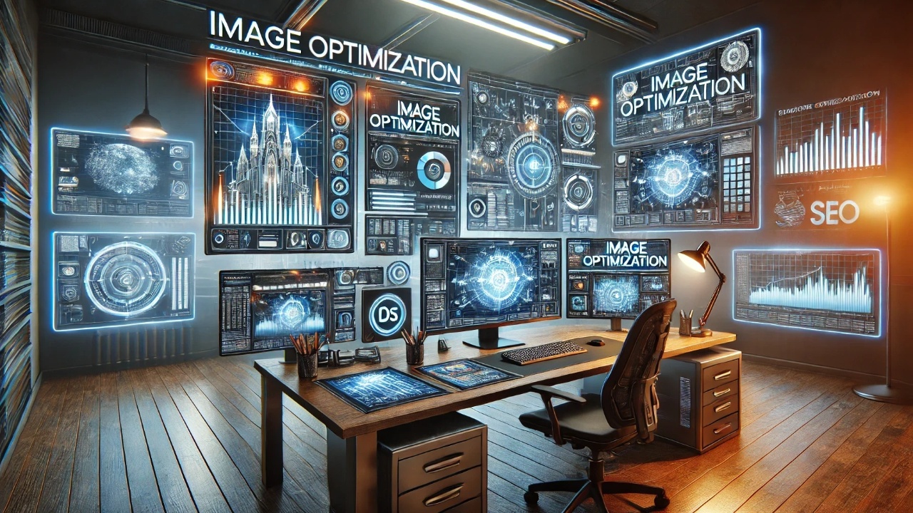Modern workspace showcasing the process of image optimization for SEO with multiple screens displaying Adobe Photoshop and analytics dashboards, symbolizing enhanced website performance and SEO rankings.
